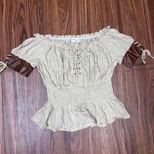 Belle Pogue Off The Shoulder Boho Peasant Ruffled Lace Up Peplum Smocked Small